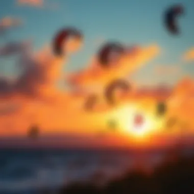 Sunset Kite Surfing Spectacle Colorful kites soaring against the vibrant sunset sky during a kite surfing event