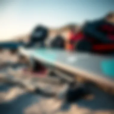 Essential Kite Surfing Gear A close-up of high-quality kite surfing equipment laid out on the beach