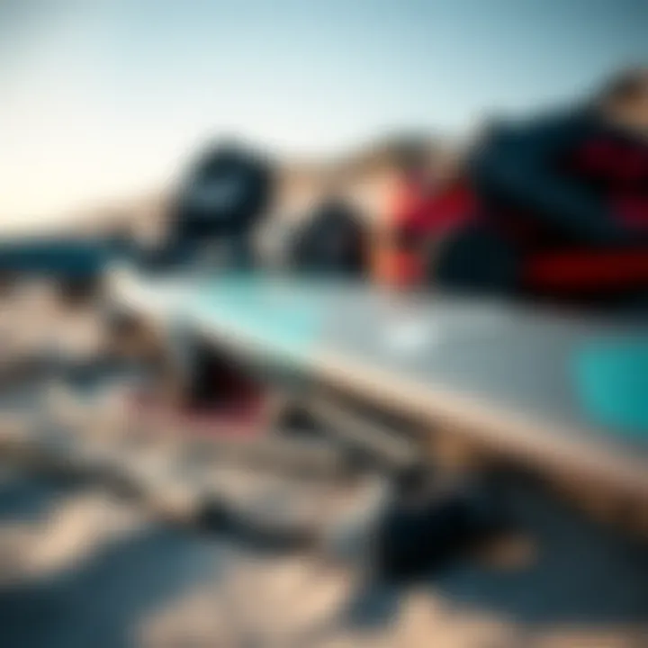 Essential Kite Surfing Gear A close-up of high-quality kite surfing equipment laid out on the beach