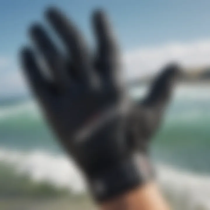 Detailed view of grip texture on surf gloves for better performance