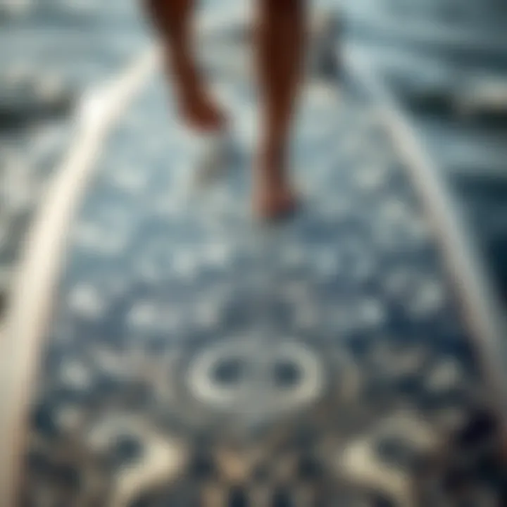 Close-up of a foiling surfboard with intricate design