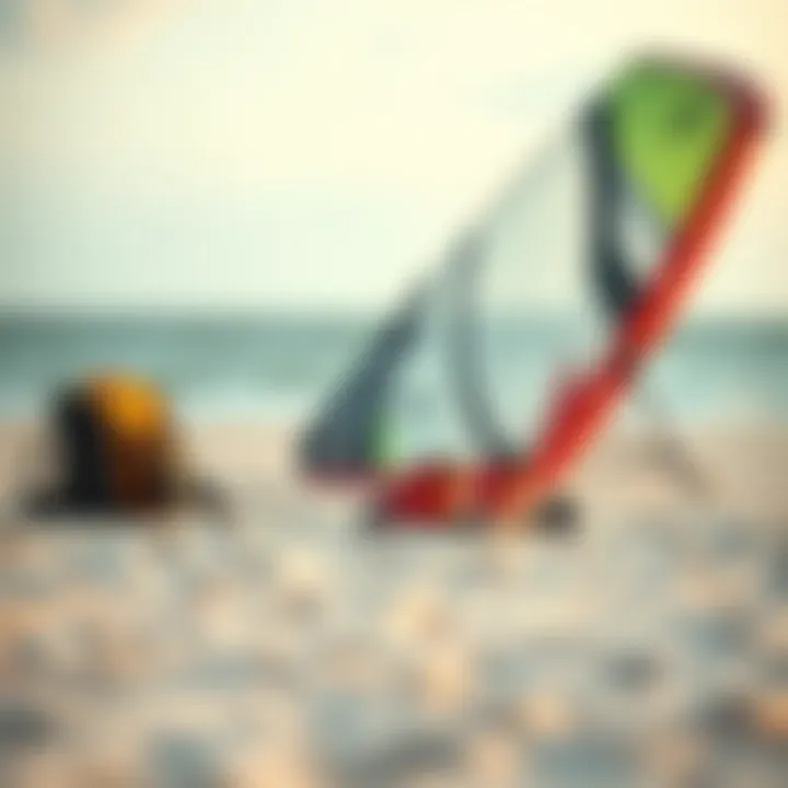 Kiteboarding gear setup on the sandy beach
