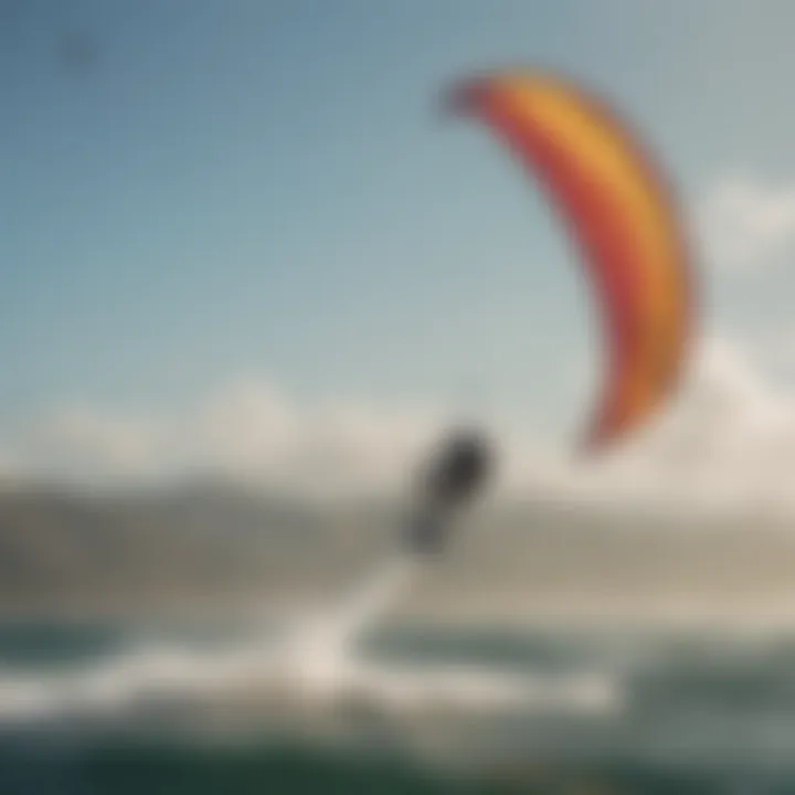 Kiteboarder skillfully maneuvering a high-performance kite against a scenic backdrop