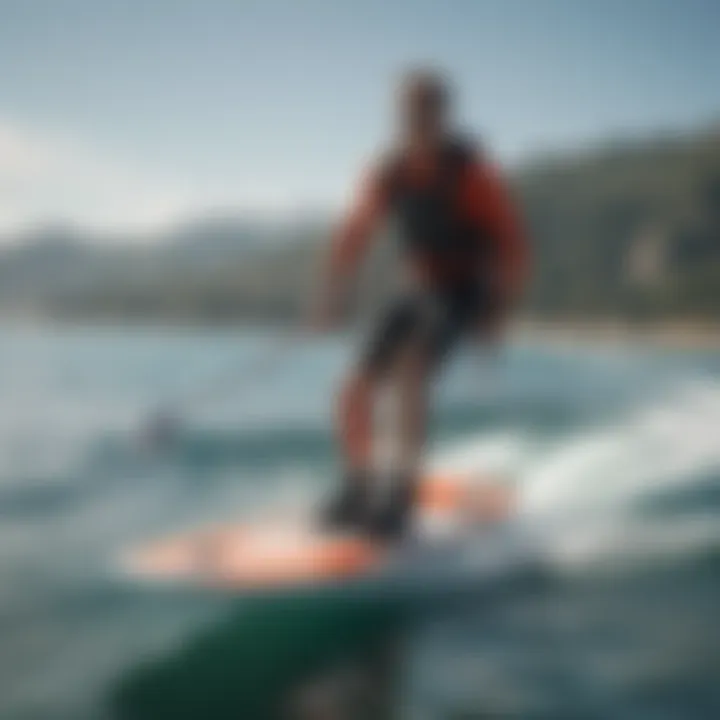 A picturesque scene of a user maneuvering a hydrofoil board