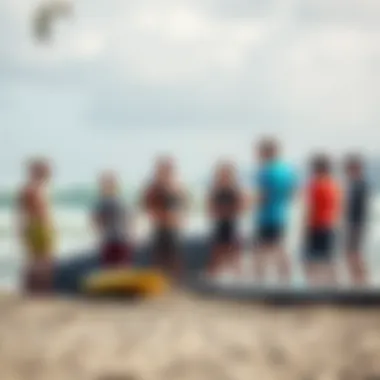 A group of enthusiasts discussing hydrofoil techniques on the beach