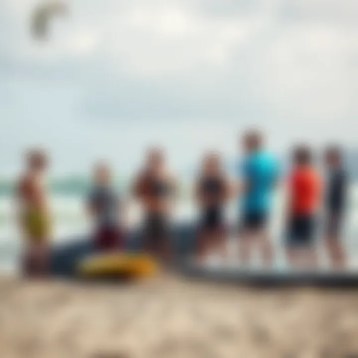 A group of enthusiasts discussing hydrofoil techniques on the beach