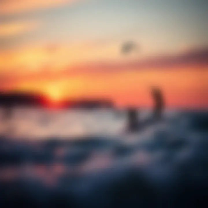 A vibrant sunset view of hydrofoil surfers in the distance