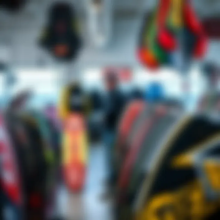 Diverse kiteboarding equipment displayed at a center