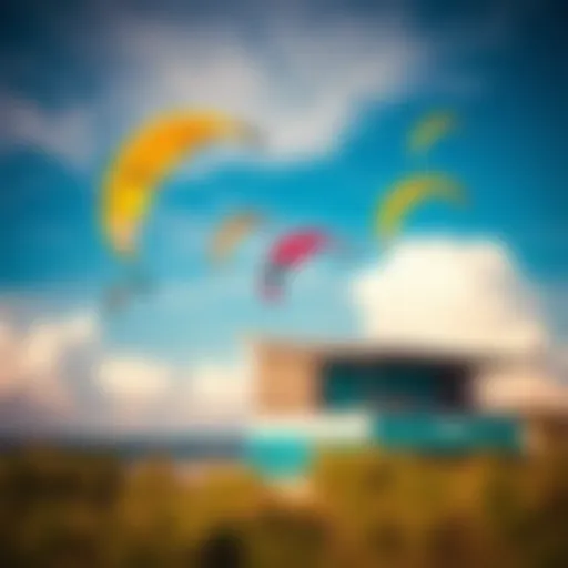 Scenic view of a kiteboarding center with vibrant kites in the sky