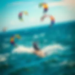 Vibrant kiteboarding scene with colorful kites soaring above the ocean