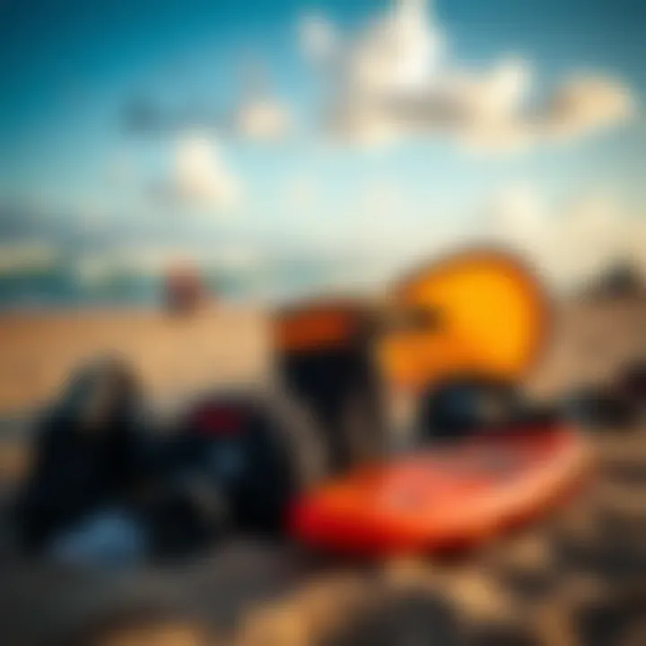 Essential kite surfing gear neatly arranged on the beach