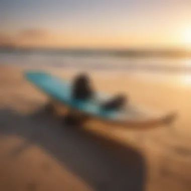 Kiteboard with foot pads installed on the beach during sunset