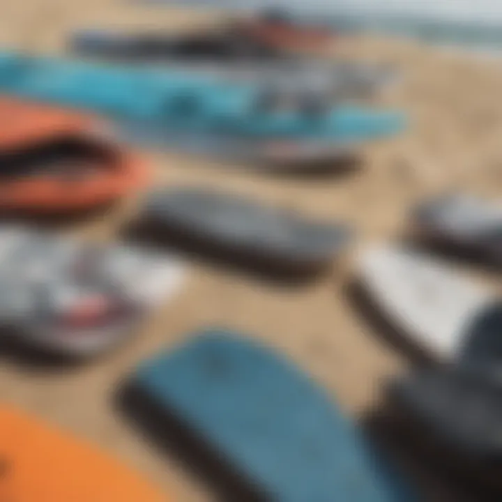 Different styles of kiteboard foot pads arranged aesthetically