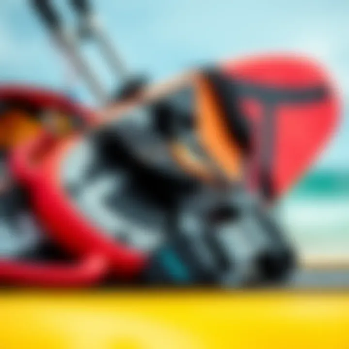 A close-up of essential kiteboarding gear, including a kite, board, and harness, neatly arranged.