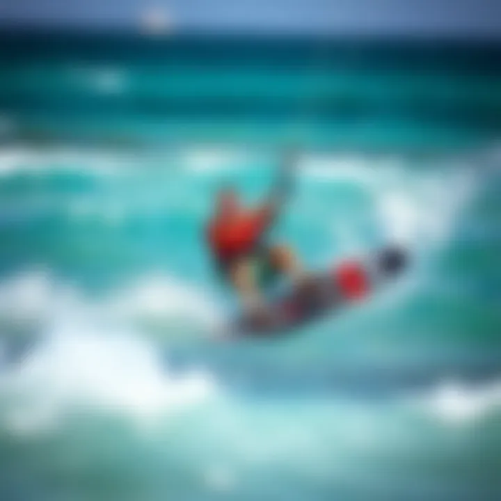 A kiteboarder expertly navigating the waves, highlighting skill and agility in the water.