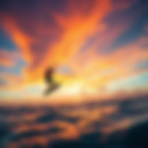 A stunning view of kiteboarding at sunset in Aruba, showcasing vibrant colors in the sky.
