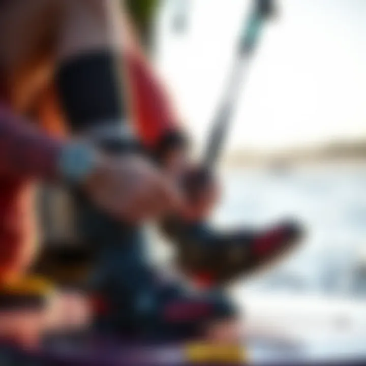 Rider Preparing with Kiteboarding Booties A rider putting on kiteboarding booties before hitting the water