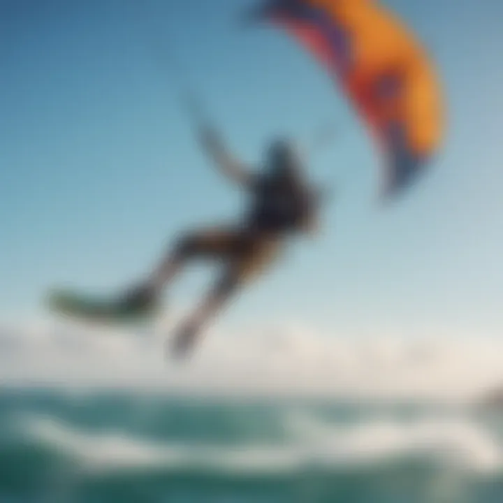 A vivid kiteboarding scene showcasing a colorful kite soaring over vibrant waters.