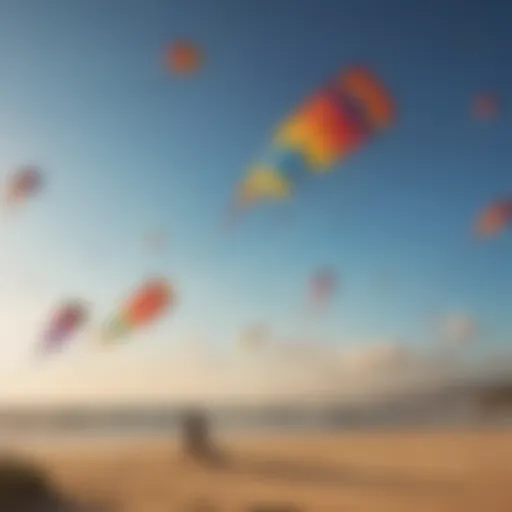 Colorful kiteboarding kites soaring in the sky