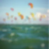 Vibrant kitesurfing scene with colorful kites in the sky