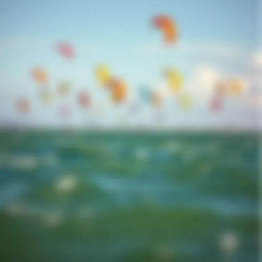 Vibrant kitesurfing scene with colorful kites in the sky