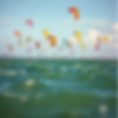 A Spectacular Display of Kitesurfing Vibrant kitesurfing scene with colorful kites in the sky