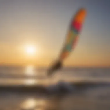 Kitesurfers riding the waves against a sunset backdrop