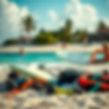 A vibrant beach scene with kitesurfing gear laid out, emphasizing the preparation for an exciting day on the water