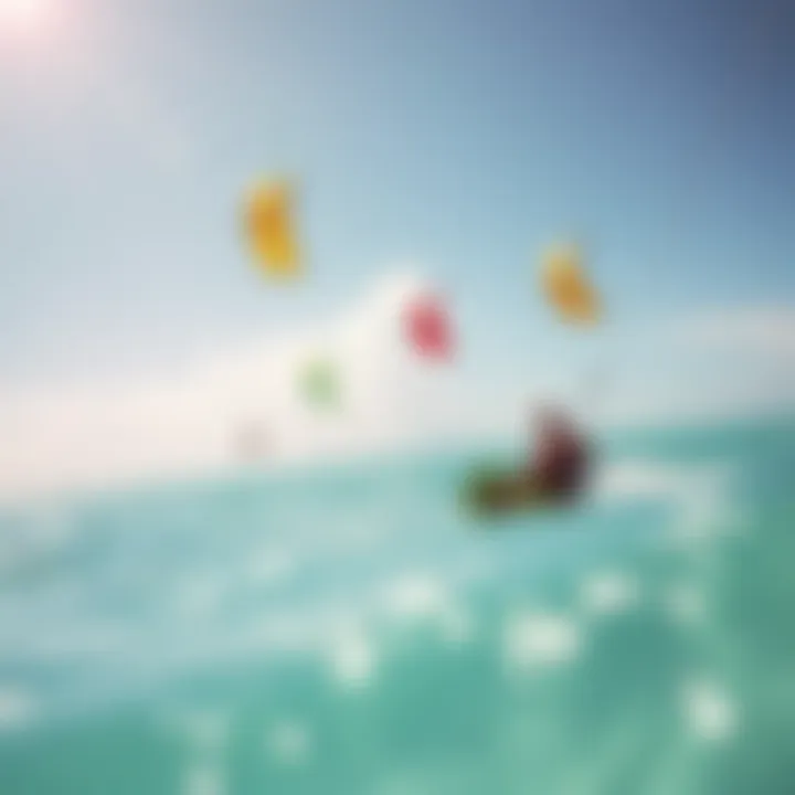 Crystal-clear Caribbean waters with colorful kites flying above, showcasing a perfect day for kitesurfing