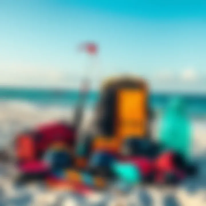 An array of essential kitesurfing gear displayed on the sandy beach