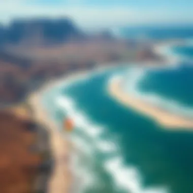 An aerial view of Cape Town's coastline, highlighting ideal kitesurfing spots