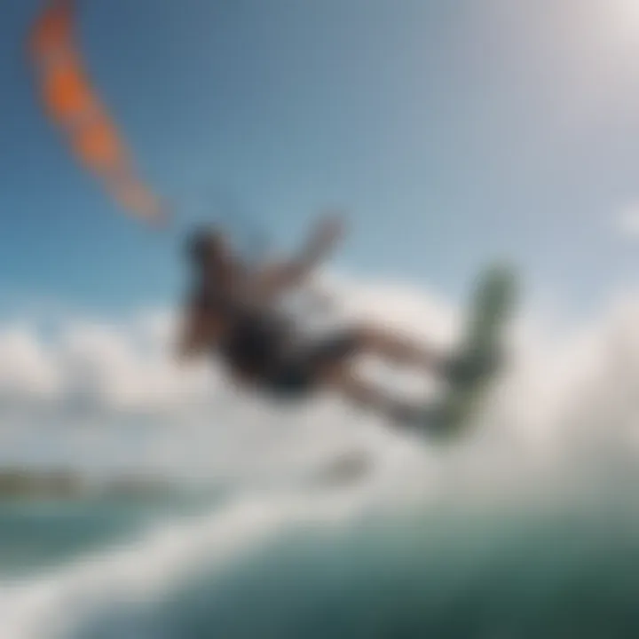 An aerial view of a kitesurfer gliding over the water, showcasing skill and technique