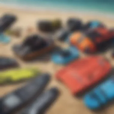 Various kitesurfing equipment laid out for selection, illustrating choices for beginners