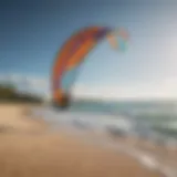 A serene beach with vibrant kitesurfing equipment ready for use