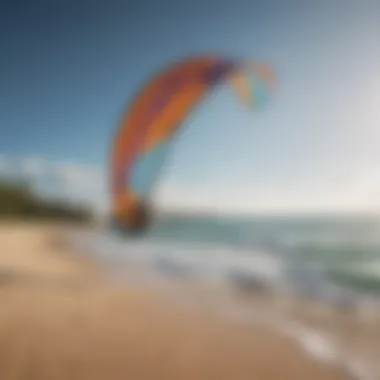 A serene beach with vibrant kitesurfing equipment ready for use