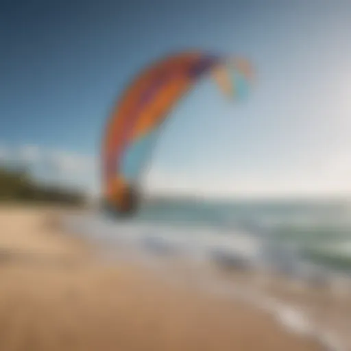 A serene beach with vibrant kitesurfing equipment ready for use