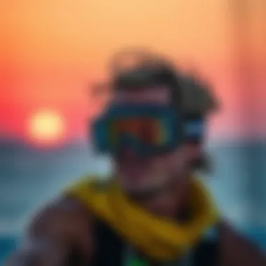 Kiteboarder Enjoying a Sunset with Kurtis Surf Goggles Kiteboarder wearing Kurtis surf goggles during a vibrant sunset