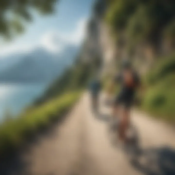 Adventurous cyclists on a scenic trail near Lake Garda