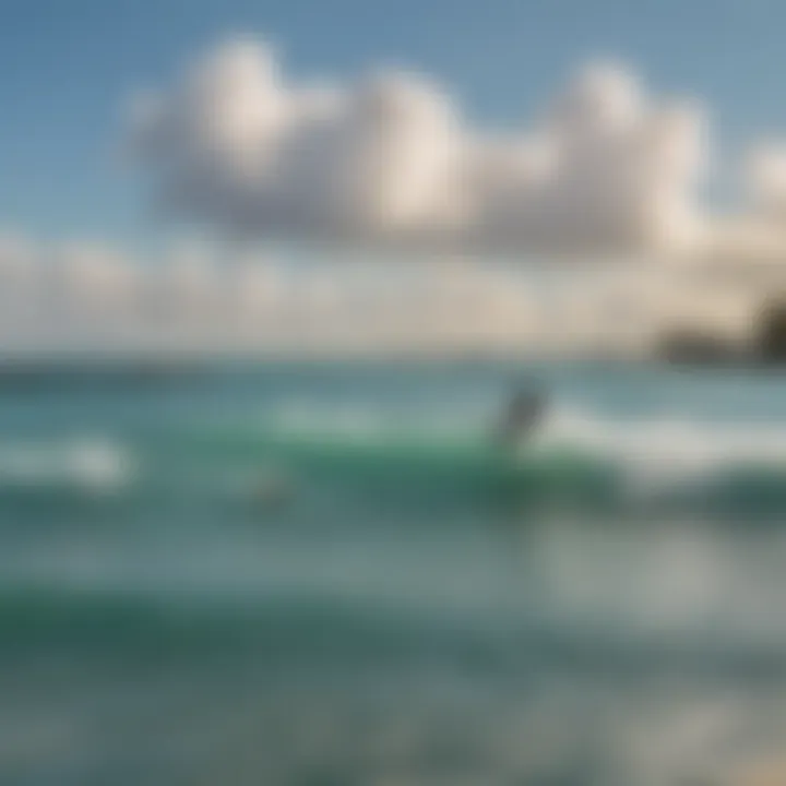 A vibrant scene showcasing the local kiteboarding community gathered at the pier.