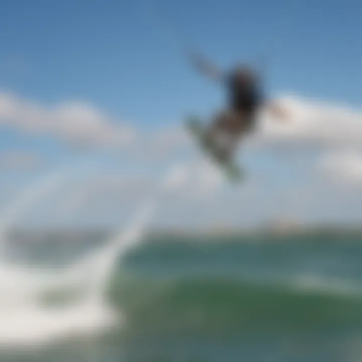 A kiteboarder performing an impressive trick above the waves near the pier.