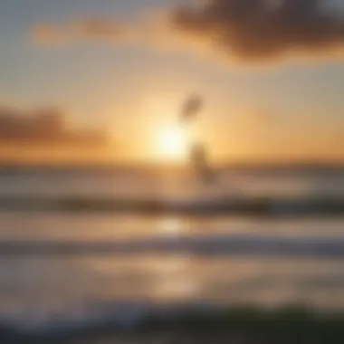 A stunning view of Lake Worth Pier at sunset with kiteboarders in action.