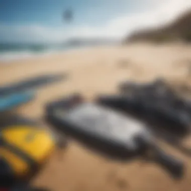 Close-up of essential kitesurfing gear laid out on the beach