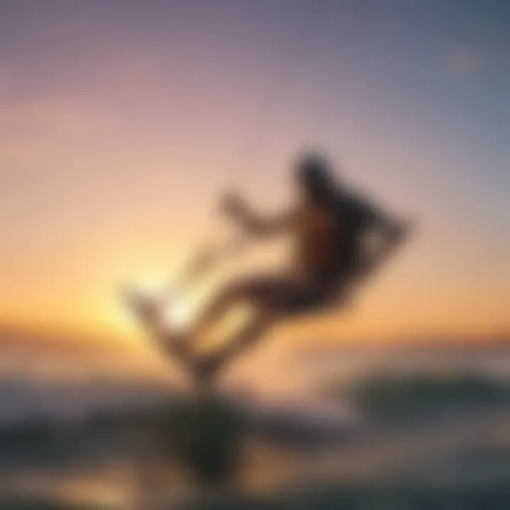 A stunning view of a kitesurfer riding the waves at sunset