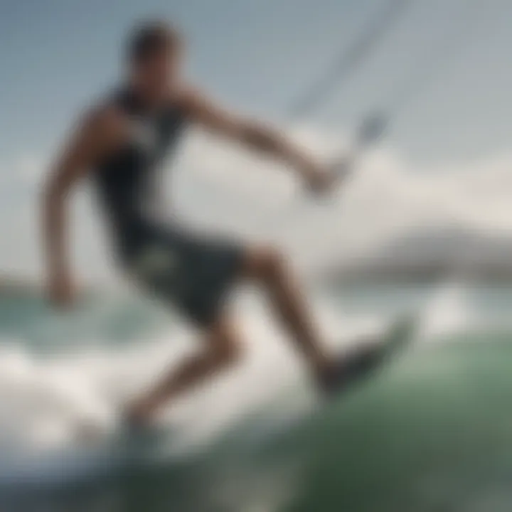 Kiteboarder wearing neoprene board shorts in action on the waves