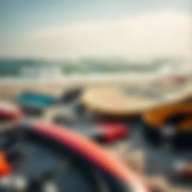 Essential kite surfing gear laid out on beach