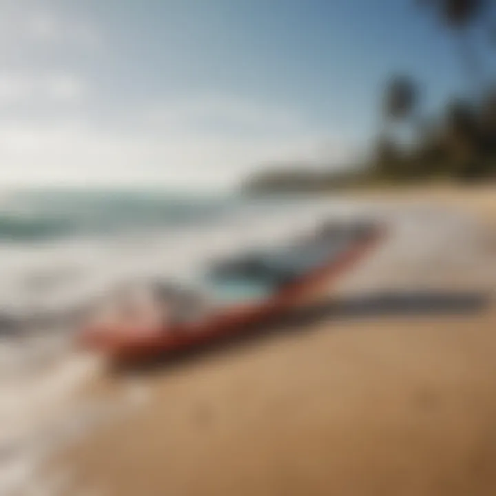 A pristine kiteboard displayed against a vibrant beach backdrop