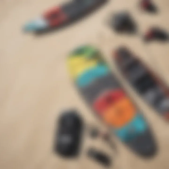 Colorful kiteboarding equipment laid out on the beach