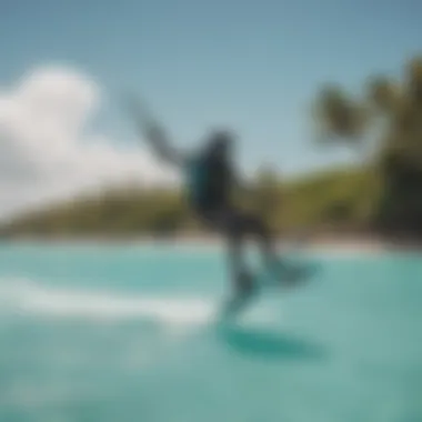 A scenic view of kiteboarders gliding over turquoise waters