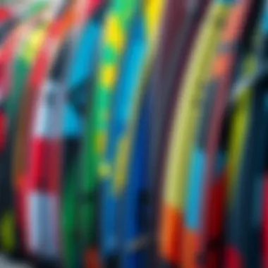 Diverse Selection of Pre-Owned Kites A vibrant assortment of second hand kite surfing kites displayed for sale