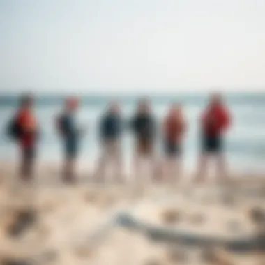 Group of kiteboarders sharing experiences and tips on the beach